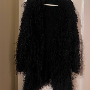 Black Feather-Texture Open Cardigan Sweater